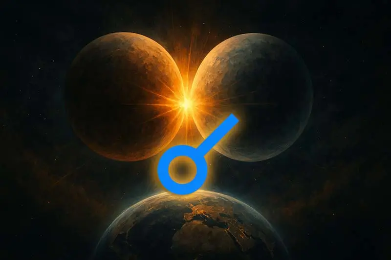 Kavuşum açısı (0°) – Astrolojide birleşme, başlangıç ve enerjilerin merkezlenmesini sembolize eden soyut görsel