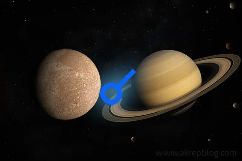 Mercurius-Saturnus conjunctie. Mercurius-Saturnus conjunctie, symbool - een visuele afbeelding die het aspect van de Mercurius-Saturnus conjunctie weergeeft.