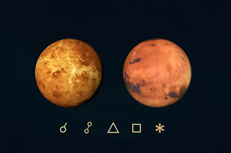 Venüs Mars açıları, anlamları, açı simgeleri ve etkileri - Venüs Mars açılarını gösteren görsel resim.