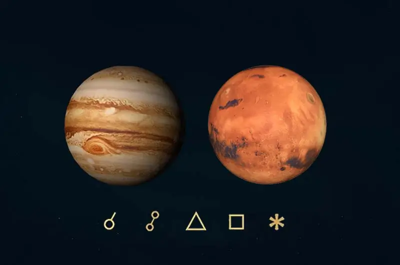 Jüpiter Mars açıları, anlamları, açı simgeleri ve etkileri - Jüpiter Mars açılarını gösteren görsel resim.