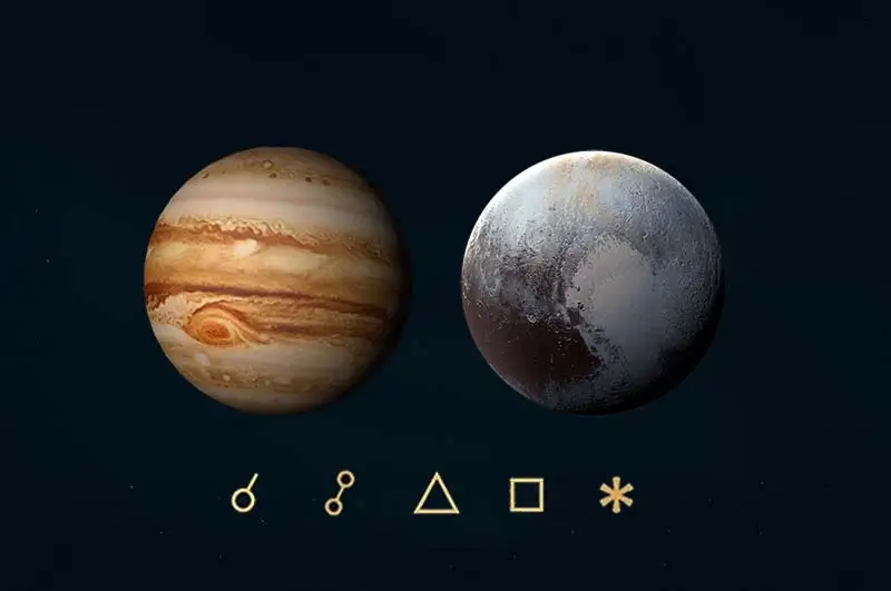 Jüpiter Pluto açıları, anlamları, açı simgeleri ve etkileri - Jüpiter Plüton açılarını gösteren görsel resim.