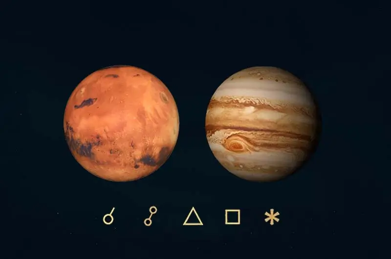Mars Jüpiter açıları, anlamları, açı simgeleri ve etkileri - Mars Jüpiter açılarını gösteren görsel resim.