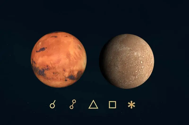 Mars Merkür açıları, anlamları, açı simgeleri ve etkileri - Mars Merkür açılarını gösteren görsel resim.