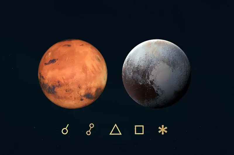 Mars Pluto açıları, anlamları, açı simgeleri ve etkileri - Mars Plüton açılarını gösteren görsel resim.