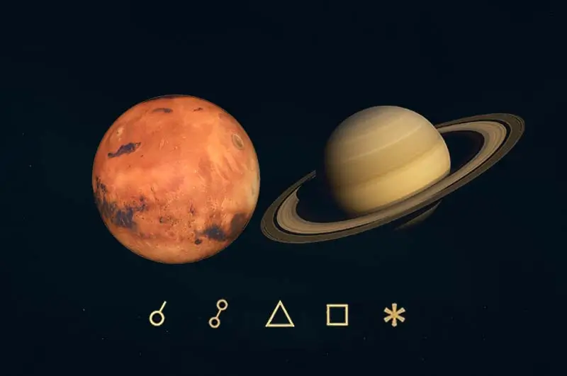 Mars Satürn açıları, anlamları, açı simgeleri ve etkileri - Mars Satürn açılarını gösteren görsel resim.