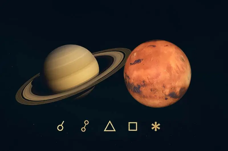 Satürn mars açıları, anlamları, açı simgeleri ve etkileri - Satürn mars açılarını gösteren görsel resim.