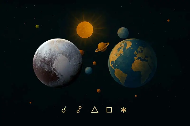 Pluto Açıları. Plüton açıları ve diğer gezegenlerle olan etkileşimleri, pluto açılarını gösteren görsel resim.