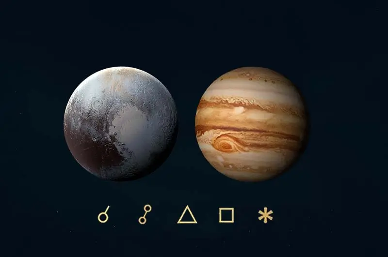 Pluto Jüpiter açıları, anlamları, açı simgeleri ve etkileri - Plüton Jüpiter açılarını gösteren görsel resim.