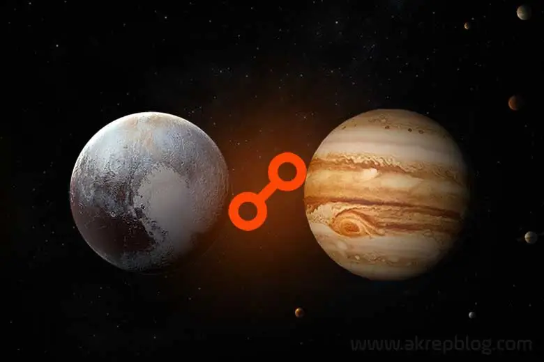 Pluto jupiter karşıt açısı – Plüton jupiter karşıtlığı, simgesi ve karşıt açısını gösteren görsel resim.