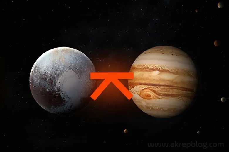 Pluto jüpiter quincunx açısı, simgesi. Doğum haritasında Plüton jüpiter arasındaki 150 derecelik görmeyen açı, birleşmeyen açı, quincunx açı ve açıyı gösteren görsel resim.