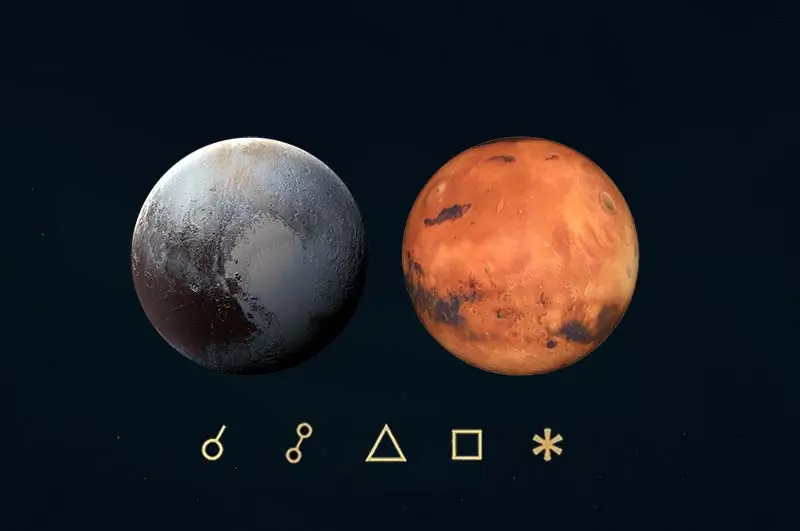 Pluto Mars açıları, anlamları, açı simgeleri ve etkileri - Plüton Mars açıları ve açı simgelerini gösteren görsel resim.