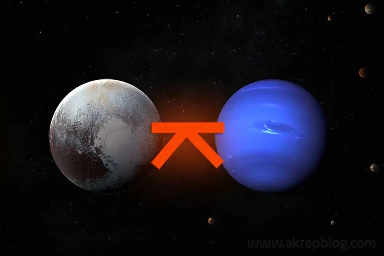 Pluto neptün quincunx açısı, simgesi. Doğum haritasında Plüton neptün arasındaki 150 derecelik görmeyen açı, birleşmeyen açı, quincunx açı ve açıyı gösteren görsel resim.