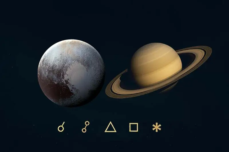Pluto satürn açıları, anlamları, açı simgeleri ve etkileri - Plüton satürn açılarını gösteren görsel resim.