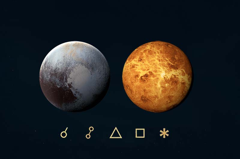 Pluto Venüs açıları, anlamları, açı simgeleri ve etkileri - Plüton Venüs açılarını gösteren görsel resim.